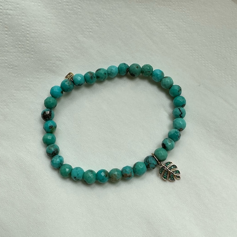 Sydney Evan Tiny Monstera Leaf 14k Gold & Pave Emeralds on Turquoise Bracelet